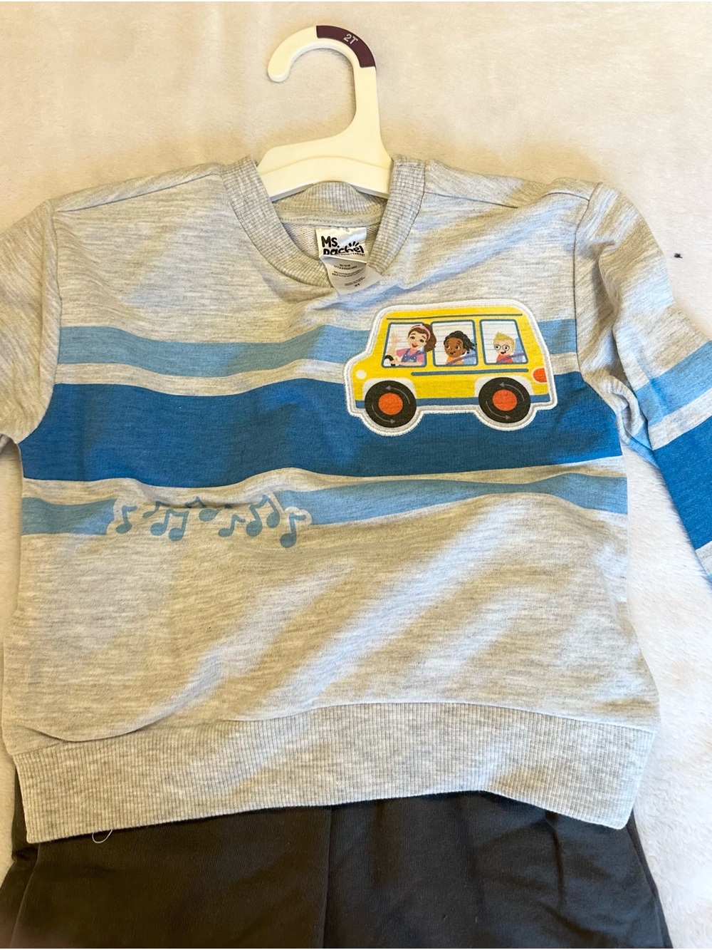 Rachel Kids Grey and Blue Bus Stripe Pajama Top with Yellow Bus Applique